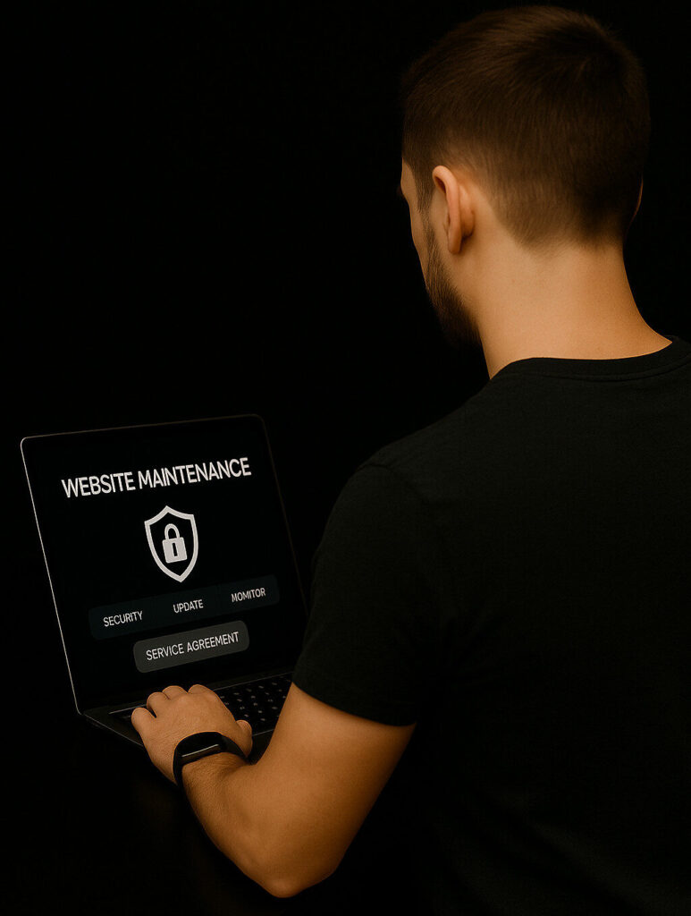 Man arbetar vid laptop med fokus på "Website Maintenance" - symboliserar Webbu Designs professionella underhållsavtal för säker, uppdaterad och optimerad hemsida.