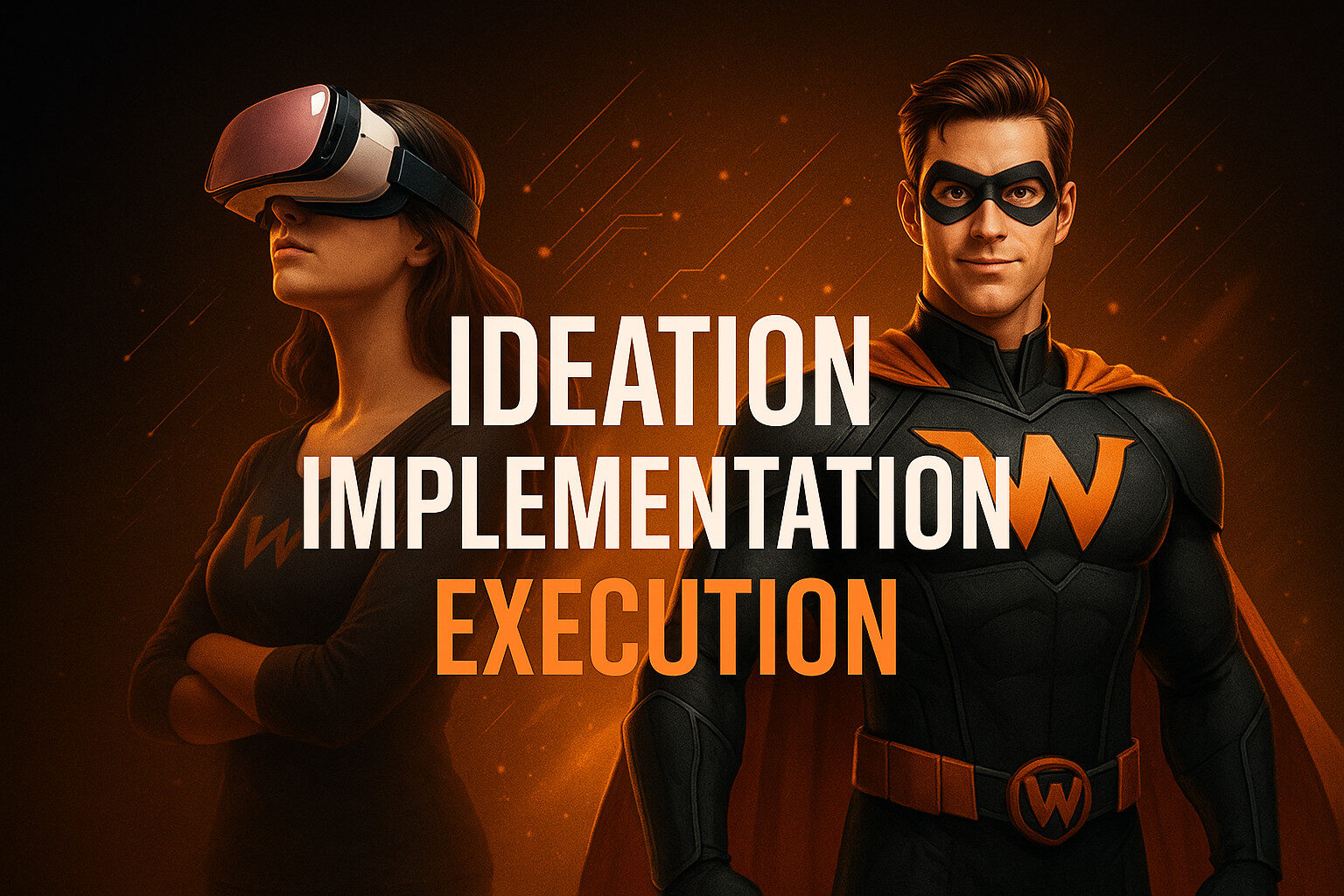 Vårt team av superhjältar på Webbu Design med värdeorden "Ideation", "Implementation" och "Excecution".