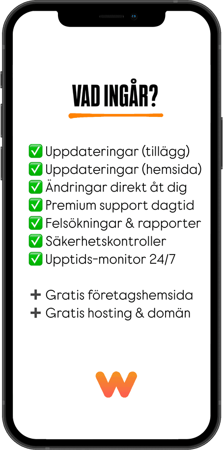 Underhållsavtal - Vad som ingår samt gratis hemsida visas på en Iphone 12 display